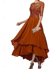 abordables Longueur du thé-Ligne A Robe de Mère de Mariée  Élégant Simple Col Bateau Asymétrique Polyester Demi Manches avec Couleur Unie 2025