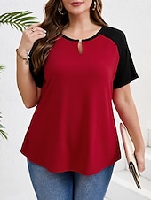 cheap Plus Size T Shirts-Women&#039;s Plus Size Tops T Shirt Solid Color Patchwork Short Sleeve V Neck Casual Daily Polyester Summer Spring Red Blue