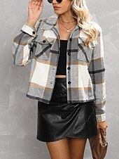 preiswerte Hemdjacken-Damen Hemdjacke Freizeitjacke Bequem Tasche Knöpfe Mode Outdoor Karomuster Ausgehen Wochenende Reisverschluss Regulär Revers Normale Passform Langarm Oberbekleidung Grün Grau Herbst Winter