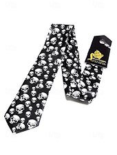 economico Cravatte e papillon da uomo-Cravatta nera in raso con stampa teschio gotico da uomo – accessorio retrò per feste di Halloween per outfit ispirati al punk e al vintage