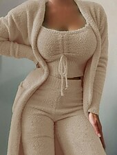 preiswerte Damen Schlafoberteile und -unterteile-Damen Schlafanzug Set 3-teilig Lässig Komfort Einfarbig Elastischer Bund Fuzzy Strickjacke Hose Heim Täglich Langarm Rundhalsausschnitt Schwarz Weiß Rosa Rote Grün Herbst Winter Normale Passform
