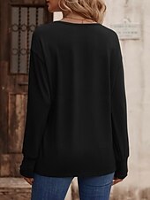 billige Plain t-skjorte-Dame Bluse Helfarge Stilfull Fritid Langermet V-hals Vanlige topper Daglig Knapper Svart Hvit Vin Militærgrønn Navyblå Sommer Vår