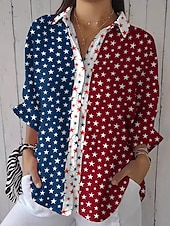 voordelige Bloemen tops-Amerikaanse onafhankelijkheidsdag Dames Overhemd Grafisch Vlag Dagelijks Stijlvol Casual Lange mouw Overhemdkraag Normale tops Dagelijks Feestdagen Knop Afdrukken Wijn Rood blauw Zomer Lente