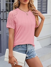 preiswerte Einfarbiges T-Shirt-Damen T Shirt Einfach Mode Stilvoll Klassisch Kurzarm Rundhalsausschnitt Normale Oberteile Täglich Wochenende Patchwork Weiß Rosa Blau Khaki Sommer