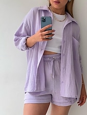 voordelige Korte sets voor dames-Dames Elegant Modieus Streetwear Katoenen linnen sets Lange mouw Overhemdkraag Effen Kleur Buiten Werk Casual Zwart Paars Oranje Zomer Ruim Passend