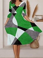 ieftine Rochie cu dungi și geometrică-Pentru femei Rochii Midi Rochie A line Vacanță Casual Ieșire Fit regulat Grafic Geometric Manșon Lung În V Roșu-aprins Albastru piscină Mov Trifoi Vară