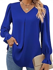 preiswerte Elegante Oberteile-Damen Hemd Einfarbig Einfach Elegant Stilvoll Basic Langarm V Ausschnitt Einkerbiger Ausschnitt Normale Oberteile Arbeit Täglich Ferien Rüsche Rosa Rote Königsblau Orange Khaki Frühling Herbst Winter