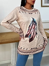 billige Boho t-skjorte-Dame T skjorte Blomstret Bohem Årgang Mote Langermet Crew-hals Lange topper Daglig Ut på byen Helg Trykt mønster Kakifarget Vår, Høst, Vinter, Sommer