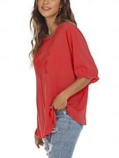 preiswerte Damen Einfache Oberteile-Damen Hemd Einfarbig Blumen Lässig Boho Dreiviertelarm Ellbogenärmel Rundhalsausschnitt Normale Oberteile Täglich Ausgehen Rüsche Bestickt Schwarz Weiß Rote Khaki Sommer
