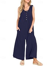 olcso alkalmi kombiné-Női Szabályos Jumpsuitek Utcai sikk Tömör szín Ujjatlan U-alakú Gombok Zseb Utca Napi Normál Fekete Sötétkék Medence Nyár