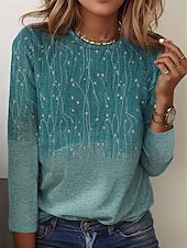 preiswerte Blumen-T-Shirt-Damen T-Shirt elegant Mode Basic Blumendruck Langarm Normal Oberteile Rundhals Urlaub Wochenende Blau Fuchsia Grau Hellblau Herbst&amp;amp; Winter
