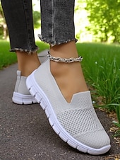 billige Sneakers til kvinner-Grå flyknit slip-on-sneakers til dame – hverdagssko for turgåing, ærender og fritid i parken