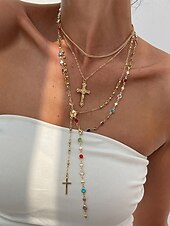 levne Dámský náhrdelník-Dámský vícevrstvý zlatý a stříbrný náhrdelník s přívěskem kříž a vícebarevnými korálky - módní náboženské šperky pro každodenní nošení, neformální výlety i zvláštní příležitosti