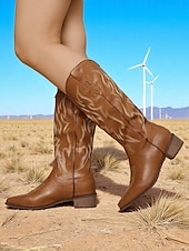 levne Cowboy &amp; Western Boots-Dámské hnědé kovbojské boty ve westernovém stylu s klasickou výšivkou – vintage jezdecké boty do půli lýtek na ranč, country koncerty a každodenní nošení v přírodě