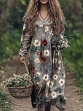 abordables Robes Boho-Femmes Robe maxi Robe trapèze Vacances Occasionnel Boho Sortir Plage Coupe Ample Fleuri Graphique Paisley manche longue Col en V Rouge Bleu Vert Gris Été Printemps