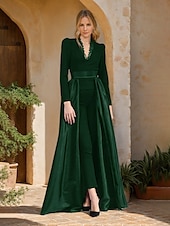baratos Macacões da mamãe-Macacão  Conjunto Mãe da Noiva Macacão Saia Sobressalente Elegante Simples Minimalista Decote em V Comprimento do Chão Comprimento do Tornozelo Cetim Crepe Tecido Elástico Manga Longa com Renda
