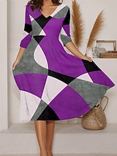 ieftine Rochie cu dungi și geometrică-Pentru femei Rochii Midi Rochie A line Vacanță Casual Ieșire Fit regulat Grafic Geometric Manșon Lung În V Roșu-aprins Albastru piscină Mov Trifoi Vară