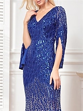 preiswerte BLAU-Meerjungfrau  Trompete Quinceanera Kleider Elegantes Kleid Formelles Hochzeitskleid Bodenlänge Langarm V-Ausschnitt Polyester mit Pailletten