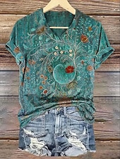 abordables T-shirt Boho-Femmes T-shirt Fleuri Graphique Plantes Bohème ancien Élégant Manche Courte Col en V Hauts Réguliers Quotidien Sortir Week-end Imprimé Vert foncé Vert Gris Été Printemps