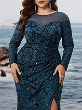 preiswerte BLAU-Meerjungfrau  Trompeten Plus Size Kleider ElegantesKurvenkleid Formal Hochzeit Bodenlang Lange Ärmel Rundhals Polyester mit Schlitz