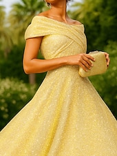 economico Abiti da cocktail-Abiti Cocktail A-Line Jacquard Oro Scintillante Abito Elegante Matrimonio Formale Lunghezza Tè Lunghezza Midi Senza Maniche Spalle Scoperte con Pieghe