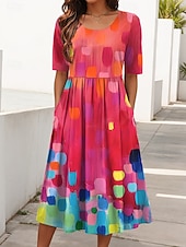 tanie Sukienka boho-Damskie Sukienka midi Letnie sukienki Plisowana sukienka Urlop Codzienny Święto Regularny Graficzny Geometryczny Rękaw 1/2 Półgolf Czerwony Niebieski Fioletowy Lato Wiosna