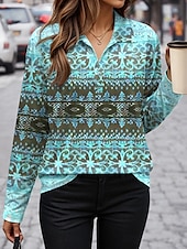 billige Boho t-skjorte-Dame T skjorte Grafisk Geometri Årgang Stilfull Fritid Langermet V-hals Skjortekrage Vanlige topper Daglig Trykt mønster Gul Rosa Blå Lilla Kakifarget Høst Vinter