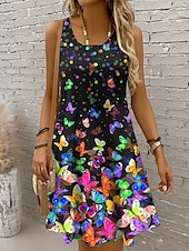 ieftine Animale rochii-Pentru femei Rochie Mini Rochie casual Rochie de Vară Rochie A line Rochie cu umeri Vacanță Casual Concediu Plajă Fit regulat Ombre Grafic Fluture Fără manșon Stil Nautic Scoateți gâtul Colourful
