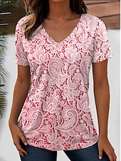 preiswerte Blumen-T-Shirt-Damen T Shirt Blumen Grafik Pflanzen Vintage Mode Hawaiianisch Kurzarm V Ausschnitt Normale Oberteile Täglich Ausgehen Wochenende Druck Rosa Blau Purpur Grün cremefarben Sommer Frühling