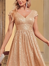cheap CHAMPAGNE-A-Line Quinceanera Dresses Elegant Dress Formal Wedding Asymmetrical Short Sleeve V Neck Polyester V Back with Sequin