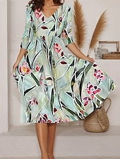 abordables Robes fleuries-Femmes Robe Midi Robe trapèze Vacances Occasionnel Sortir Coupe régulière Fleuri Graphique manche longue Col en V Jaune Rouge Vert Beige Été