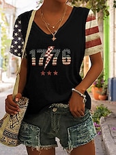 cheap Independence Day Top-Women&#039;s Patriotic  T Shirt Graphic Flag Stylish Casual Short Sleeve V Neck Regular Tops Daily Print Black White Blue Green Summer