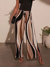 preiswerte weites Bein und hohe Taille-Damen Weites Bein Stoffhosen Streetwear Lässig Volle Länge Natürliche Taille Geometrie Elastisches Kordelzugdesign Bequem Außenbereich Urlaub Ausgehen Braun Herbst Normale Passform