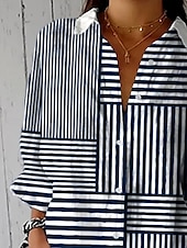 billige Kvinne Striper &amp; Geometriske Topper-Dame Skjorte Grafisk Geometrisk Stripet Årgang Tropisk Daglig Langermet Skjortekrage Vanlige topper Arbeid Daglig Ferie Knapper Trykt mønster Navyblå Sommer Vår Høst
