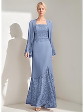 cheap With Jacket-A-Line 3 Piece Mother of the Bride Dress Elegant Simple Casual Square Neck Floor Length Chiffon Sleeveless Long Sleeve Lace with Jacket
