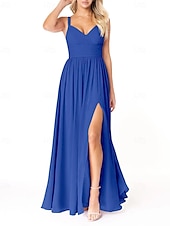 baratos Vestidos para Madrinhas-Vestido de dama de honra em corte A, decote em V, sem mangas, elegante, longo, em chiffon com pregas / frente aberta / franzido 2025