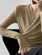 abordables Hauts Unis pour Femmes-Femmes Chemisier Uni Moderne Occasionnel manche longue Col en V Hauts Réguliers Quotidien Fête Froncé Noir Blanche Marron clair Automne