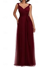 abordables Robes pour invitées de mariage-Robes D&#039;invitée de Mariage A-Ligne Élégante Robe D&#039;invitée de Mariage Engagement Longueur Totale Sans Manches Décolleté V Mousseline avec Plis Papillon