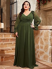 preiswerte GRÜN-A-Linie Abendkleid Elegantes Kleid Formelles Hochzeitsbodenlänges Lange Ärmel V-Ausschnitt Chiffon V-Rücken mit Falten