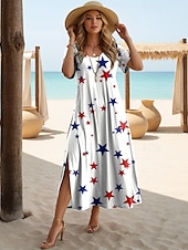 olcso Függetlenség napi ruha-Függetlenség Napja Női Hazafias Negyedik Juliusi Maxi Ruha Hosszú Ujjú Boho Ruha Elegáns Vintage Pillangó Ujjú Üdülés Tengerpart Rendszeres Illeszkedés Zászló Vintage Rövid Ujjú Csónak Nyakú Kék Nyár