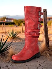 olcso Slouch Boots-Női barna műbőr térdig érő csizma tripla csatos pántokkal – western lovagló stílus őszi szettekhez, farmi napokra és szabadtéri viseletre