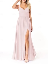 baratos Vestidos para Madrinhas-Vestido de dama de honra em corte A, decote em V, sem mangas, elegante, longo, em chiffon com pregas / frente aberta / franzido 2025