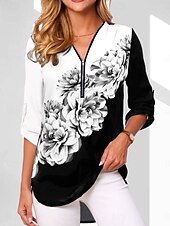 billige Blomstrete topper-Dame Bluse Blomstret Grafisk Geometrisk Stilfull Fritid Langermet V-hals Vanlige topper Daglig Glidelås Trykt mønster Svart Hvit Rosa Marineblå Blå Sommer Vår Høst