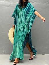 billige Tie Dye og Gradient Kjoler-Dame Maxikjole Solkjole Ferie Fritid Bohem utendørs Fest Ut på byen Normal Geometrisk 3/4 ermer V-hals Gul Rød Blå Grønn Sommer