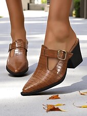 abordables Sabots et mules femme-Mules à talon bloc pour femme en relief croco – chaussures à enfiler avec boucle décorative et design découpé, chaussures de ville élégantes pour le bureau, le travail et le quotidien