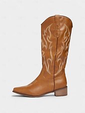 levne Cowboy &amp; Western Boots-Dámské hnědé kovbojské boty ve westernovém stylu s klasickou výšivkou – vintage jezdecké boty do půli lýtek na ranč, country koncerty a každodenní nošení v přírodě