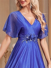 preiswerte BLAU-A-Linie Quinceanera Kleider Elegantes Kleid Formelle Hochzeit Bodenlang Kurzarm V-Ausschnitt Chiffon mit Falten