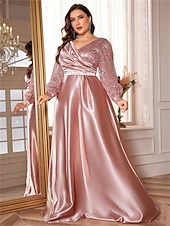 abordables VERT-Robe A-Line Grande Taille Élégante Robe Courbe De Mariage Formelle Longue Au Sol Manches Longues Col en V En Polyester Avec Plis 2025