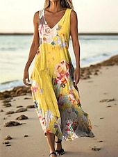 abordables Robes Floraux Imprimés-Femmes Robe Longue Maxi Robe Robe Décontractée Robe débardeur Robe d&#039;été ancien africain Quotidien Fête Plage Coupe régulière Fleuri Sans manches Col en V Jaune Bleu Orange Gris Clair Été