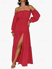 preiswerte Frauen schwarzes Kleid-Damen Langes Kleid Maxikleid Schößchen Kleider Mode Modern Outdoor Urlaub Ferien Normale Passform Einfach Dreiviertelarm Schulterfrei Schwarz Rote Beige Sommer